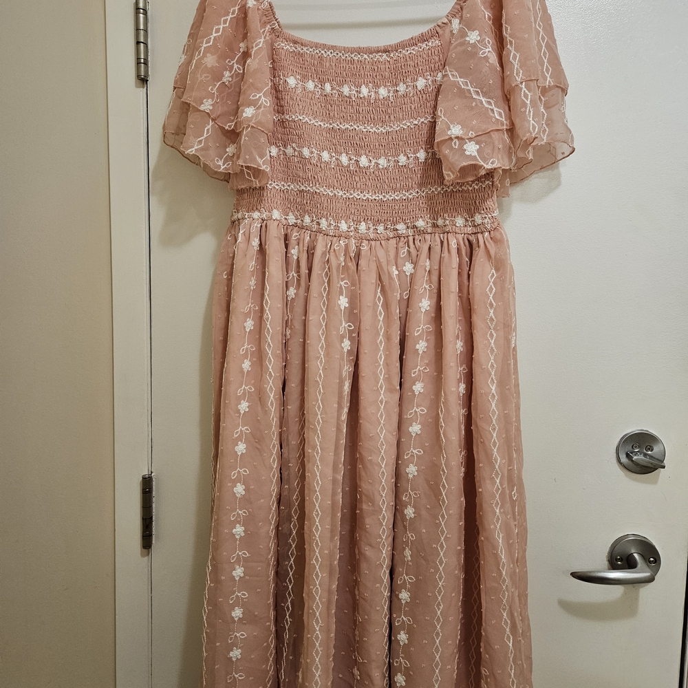 SHEIN Blush Pink Embroidered Maxi Dress with Flutter Sleeves